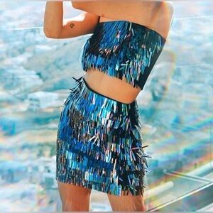 House of Harlow 1960 Iridescent Blue Fringe Skirt Set XXS